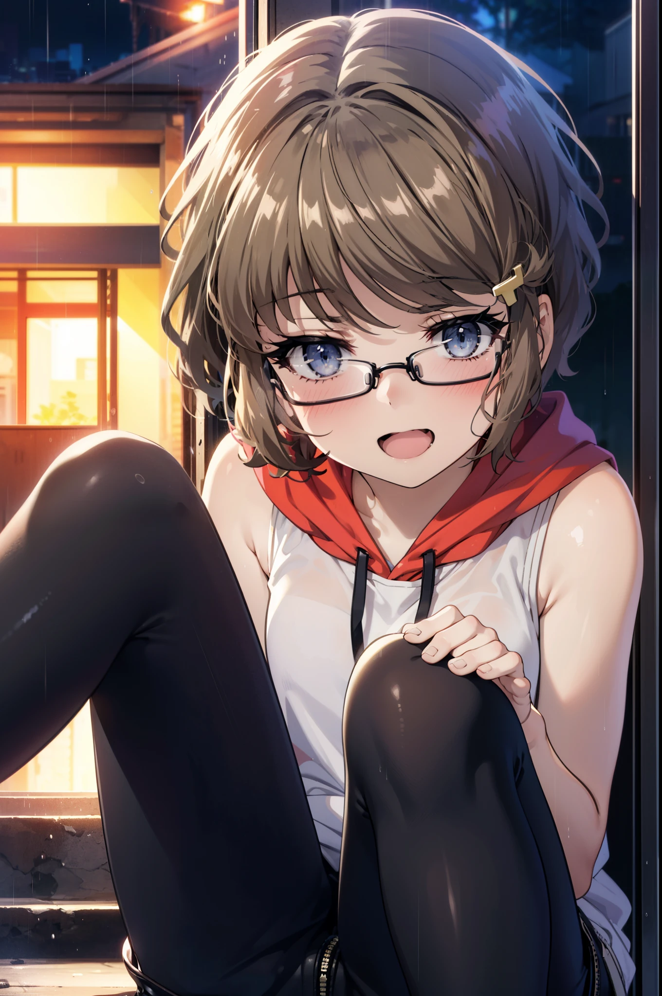 tomoekoga, Chie Koga, short hair, Brown Hair, blue eyes, Hair clip happy smile, smile, Open your mouth,Sleeveless hoodie,Black-rimmed glasses shorts,black tights,short boots,night,Hiding in a roofed building,Sitting on the steps of a building,night,rain,So that the whole body goes into the illustration,
Break indoors, Alley,
壊す looking at viewer, Systemic
break (masterpiece:1.2), Highest quality, High resolution, unity 8k wallpaper, (figure:0.8), (Beautiful attention to detail:1.6), Highly detailed face, Perfect lighting, Highly detailed CG, (Perfect hands, Perfect Anatomy),