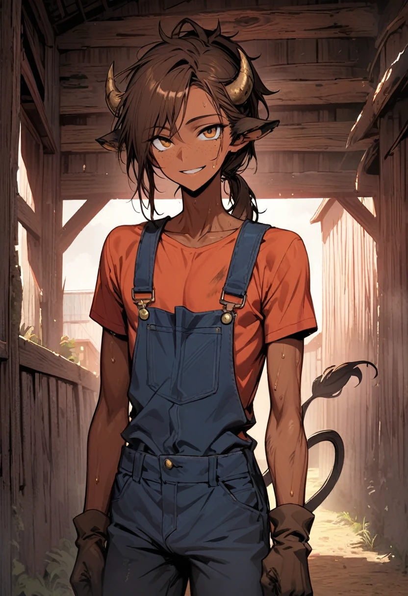 solo, male, broad shoulders, long bull horns, tan skin, long messy brown hair, brown eyes, young male, farm, overalls and shirt, fit, cow tail, slender, thin waist, smile, t-shirt, ponytail, barn, freckles, slender male, close up, cow ears, very tall, gloves, bulging crotch, loose clothes, sweat, dirty,