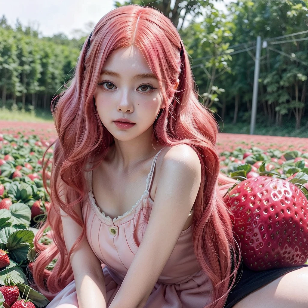 araffe girl with pink hair sitting in a field of strawberries, belle delphine, red wig, anime girl cosplay, anime barbie doll, anime girl in real life, fairycore, beautiful anime style, curly pink hair, long flowing pink hair, pink and red color style, kawaii hair style, anime cosplay, beautiful pink little alien girl, with curly red hair