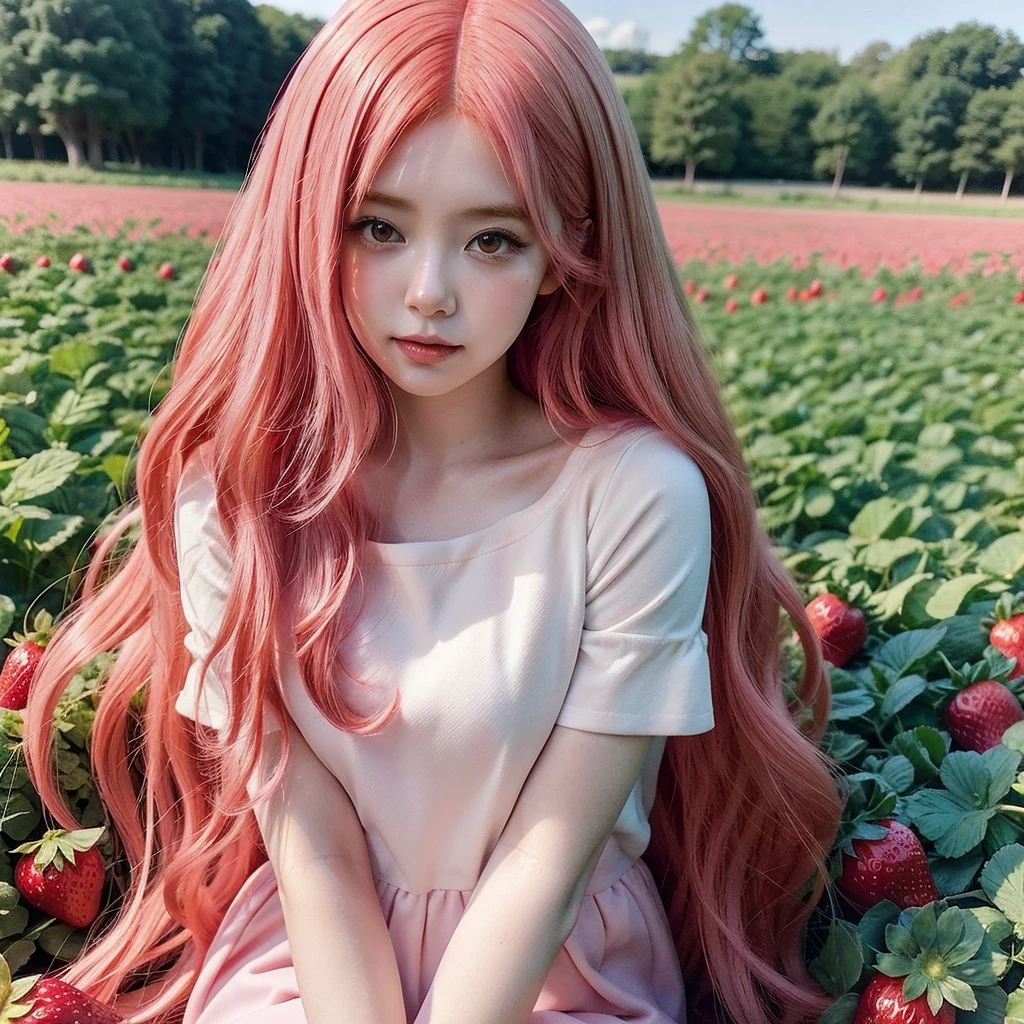 
araffe girl with pink hair sitting in a field of strawberries, belle delphine, red wig, anime girl cosplay, anime barbie doll, anime girl in real life, fairycore, beautiful anime style, curly pink hair, long flowing pink hair, pink and red color style, kawaii hair style, anime cosplay, beautiful pink little alien girl, with curly red hair