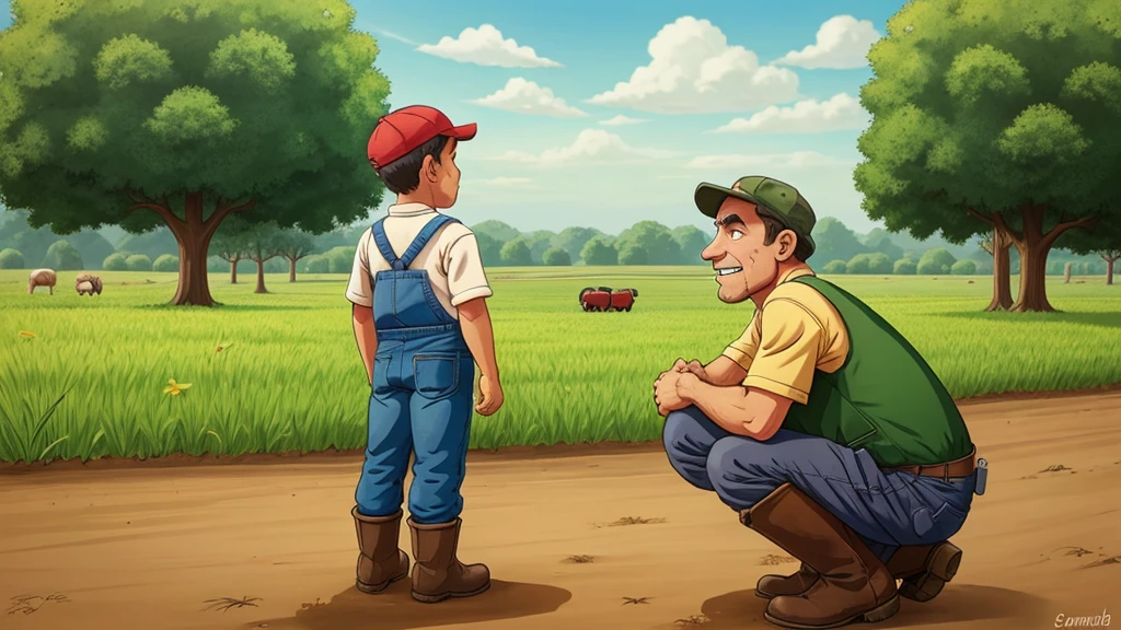 Poor farmer waits for his son to come back, cartoon image