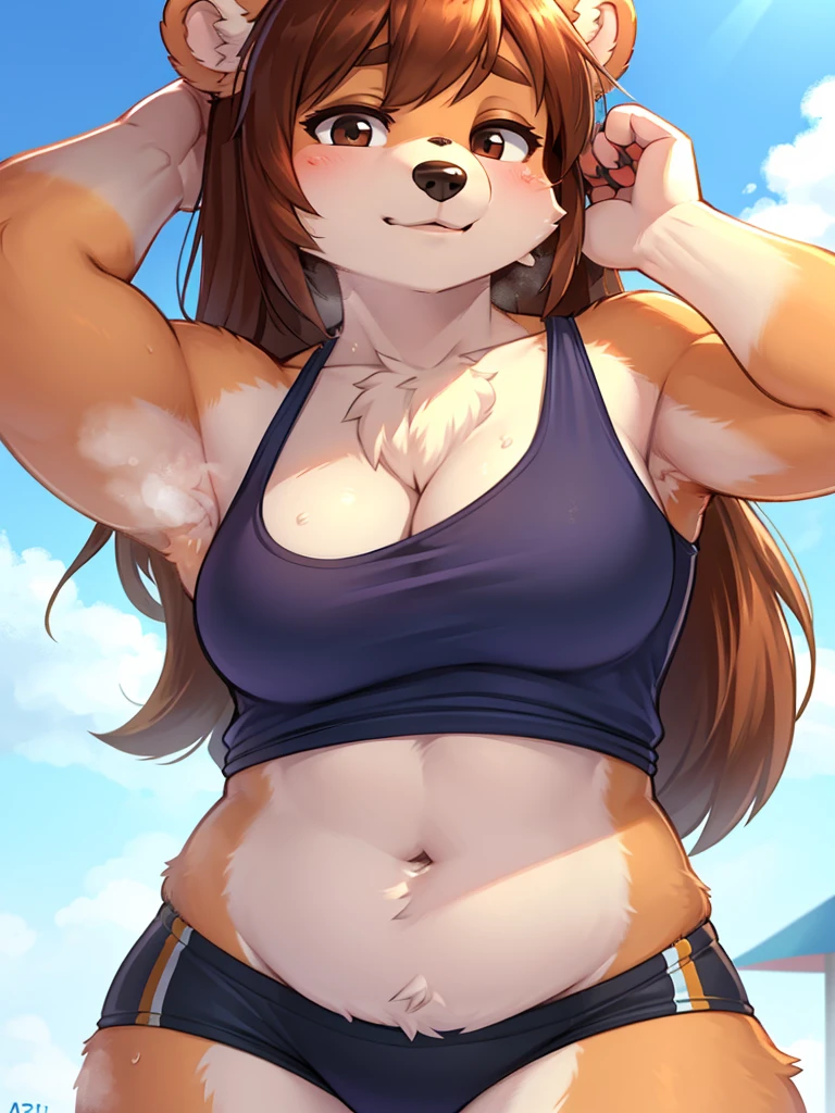 Antiperspirant deodorant advertisement , armpit , female bear , focus armpit , Tank top , blown underarm hair , (steamy armpit:0.9) , (pop design) , Put a rice ball under arm
