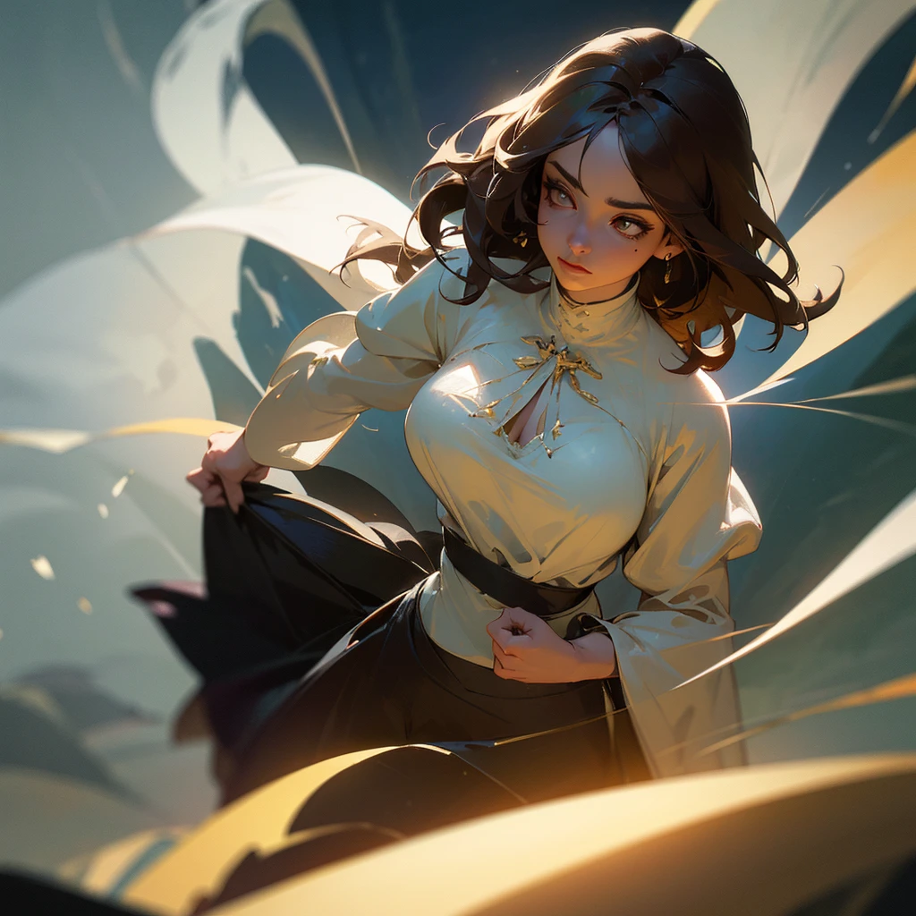 a beautiful woman wizard, ghostly figure with translucent skin, dark eyes and yellow pupils, slightly burned skirt, dark hair, dress with straps on hips,highly detailed, oil painting, realistic, dramatic lighting, dark fantasy, dramatic pose, cinematic, moody colors, depth of field, volumetric lighting, atmospheric, intricate details, award-winning, (best quality,8k,masterpiece:1.2),ultra-detailed,(realistic,photorealistic,photo-realistic:1.37)