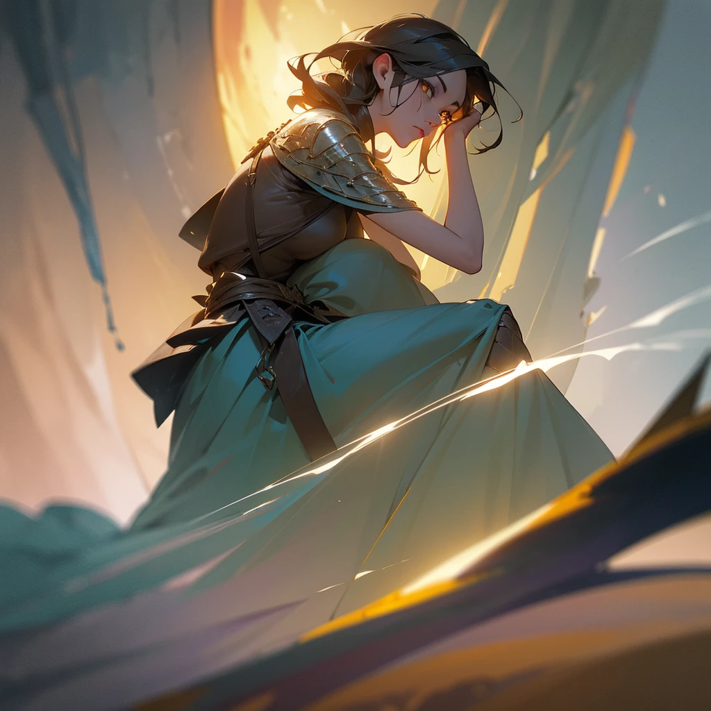 a beautiful woman wizard, ghostly figure with translucent skin, dark eyes and yellow pupils, slightly burned skirt, dark hair, dress with straps on hips,highly detailed, oil painting, realistic, dramatic lighting, dark fantasy, dramatic pose, cinematic, moody colors, depth of field, volumetric lighting, atmospheric, intricate details, award-winning, (best quality,8k,masterpiece:1.2),ultra-detailed,(realistic,photorealistic,photo-realistic:1.37)