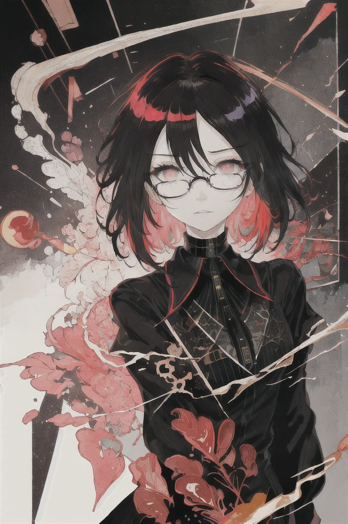 ((Highest quality)), (((masterpiece))), (High resolution), original,Glasses、Glasses、rain、rain、 Highly detailed 8k wallpaper, (Very delicate and beautiful),((Highest quality)),Limited edition palette, style style style Black choker around the neck、Black T-shirt、style gird, (style:(style:1.5)(style:1.5)1.5), Limited edition palette,[flat_stylechest, black style eyes, long style red hair, Black choker around the neck、Black choker around the neck、Black T-shirt、style eyes,浮かぶBlack T-shirt), feather over style]style, (Double exposure:1.3),(Glitch Hair+++),(Glitch meets dark hair),[Very delicate and beautiful girl who with scarf,feather],(Beautiful and detailed red eyes),world masterpiece theater,whole body,cyber punk,、Yellow backgroundﾍﾞｰｽIn color