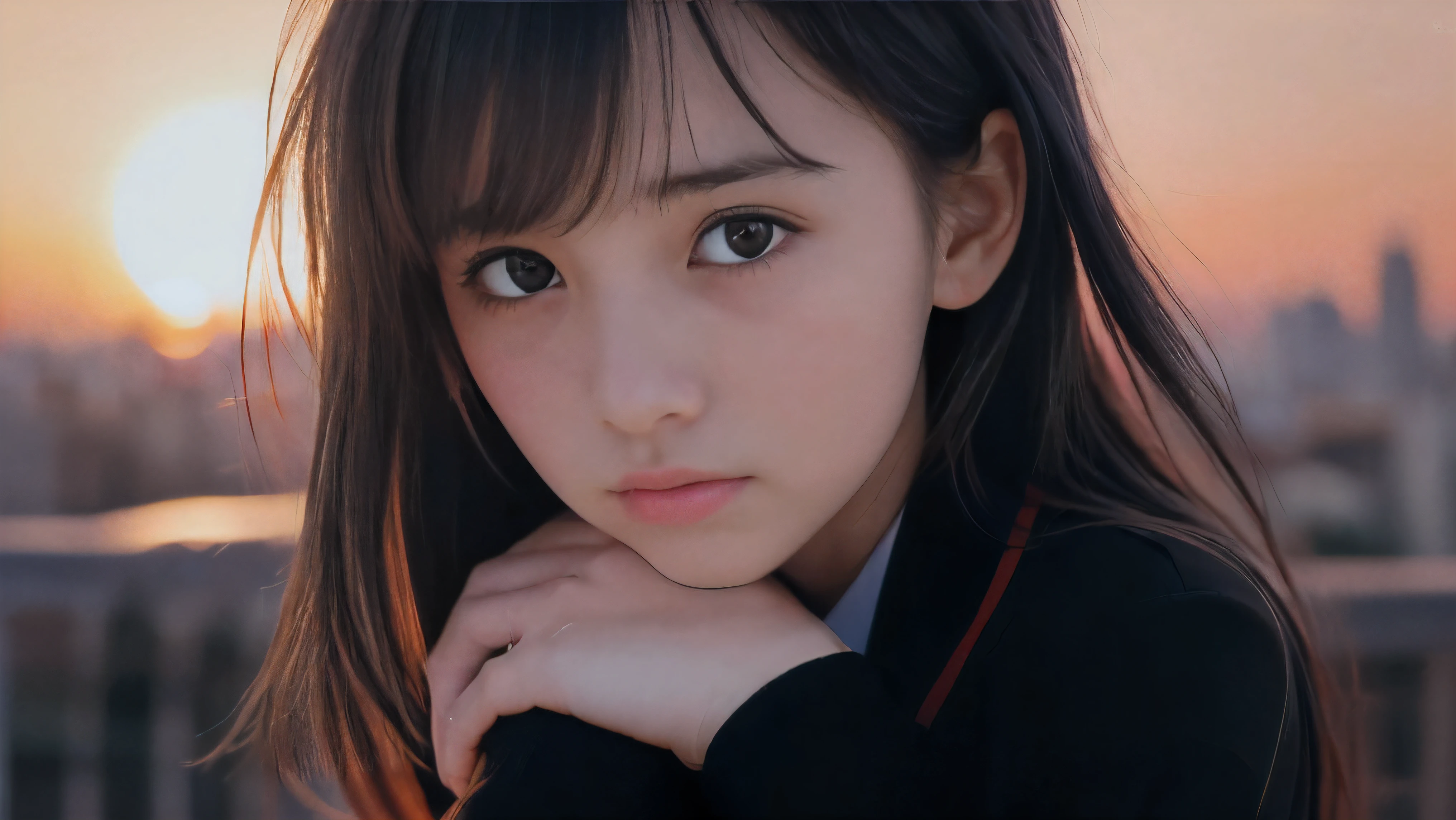 (Close up profile shot of one slender small breasts two side up black medium hair bangs girl with crying face in long sleeves black school uniform:1.5)、(One girl is looking at sunset red sky with her face is reflected sunset light and her hair is blowing in long sleeves black school uniform:1.5)、(Beautiful red sunset sky at skyscraper city landscape:1.5)、(8k ultra detailed master piece:1.5)、(Natural lighting:1.5)、(perfect anatomy:1.5)、(Photorealistic stick:1.5)、(Raw photo:1.3)、(highest quality:1.5)、(High resolution:1.3)、(Delicate and beautiful perfect face:1.3)、(Delicate and beautiful eye air skin:1.3)、(Real Human Skin:1.3)、((thin legs))