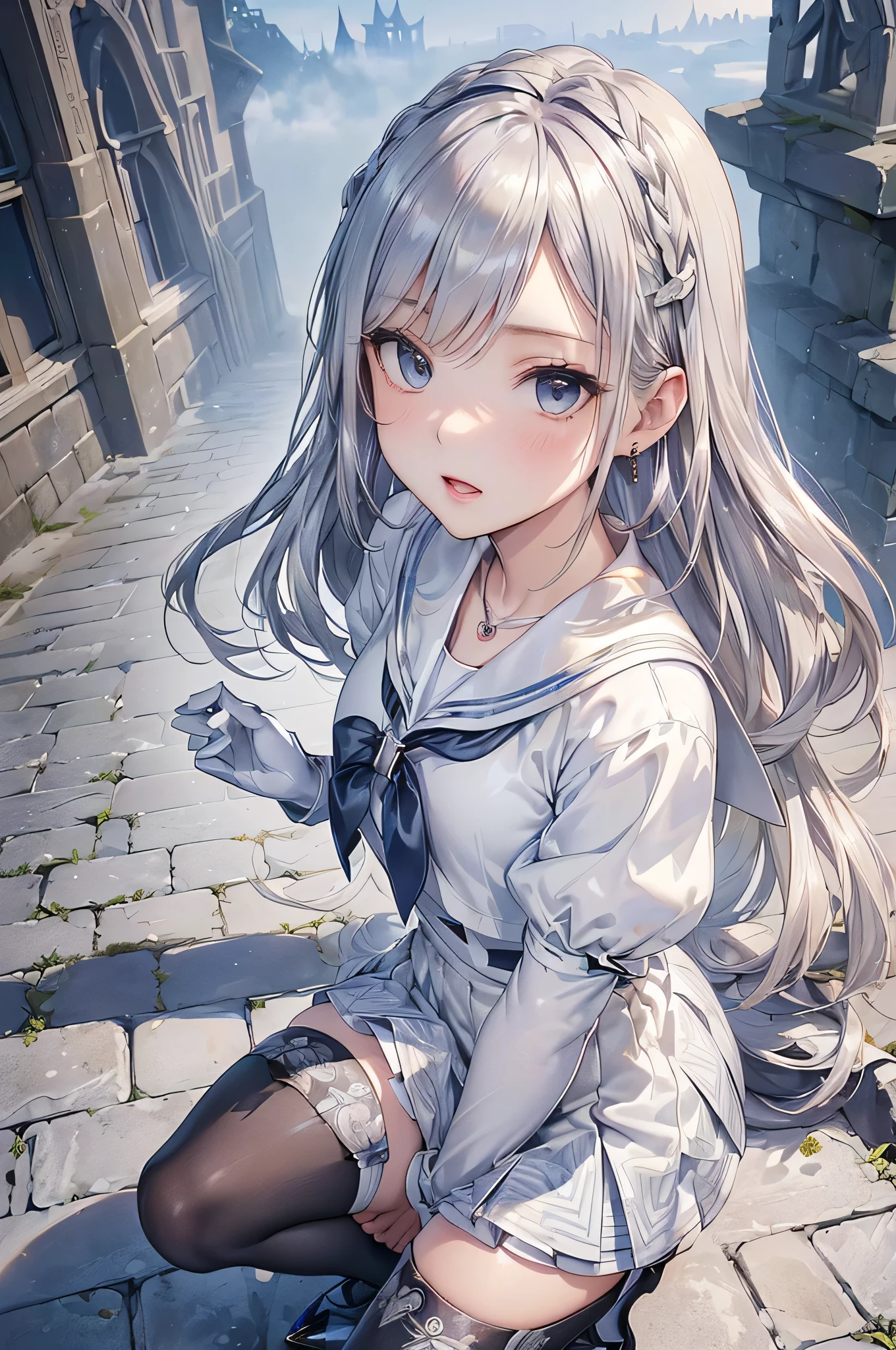 ((Biologically correct limb count))、(( From head to toe、Full-body photo including face))、4K、((Standing position))、masterpiece、((Focus on the face))、((Symmetrical facial features))、Eyes with detailed description、Beautiful woman、Great style、Beautiful arms、Beautiful legs、Beautiful Hands、(Small Ass、Thin thighs)、Facial detailing、Small earrings、necklace、(Sailor suit、mini skirt((High heels、Patterned stockings)))、((Standing in front of an old castle in the daytime sun, looking up))、Silk gloves、(((Silver Hair)))、(Thick fog)、Realistic photo