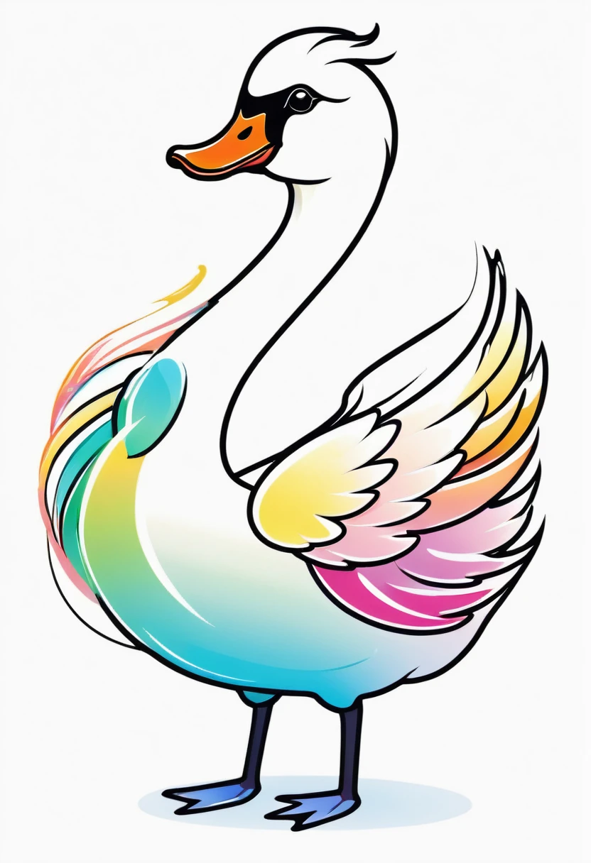 happy colored swan, kawaii, outline, vector, white background