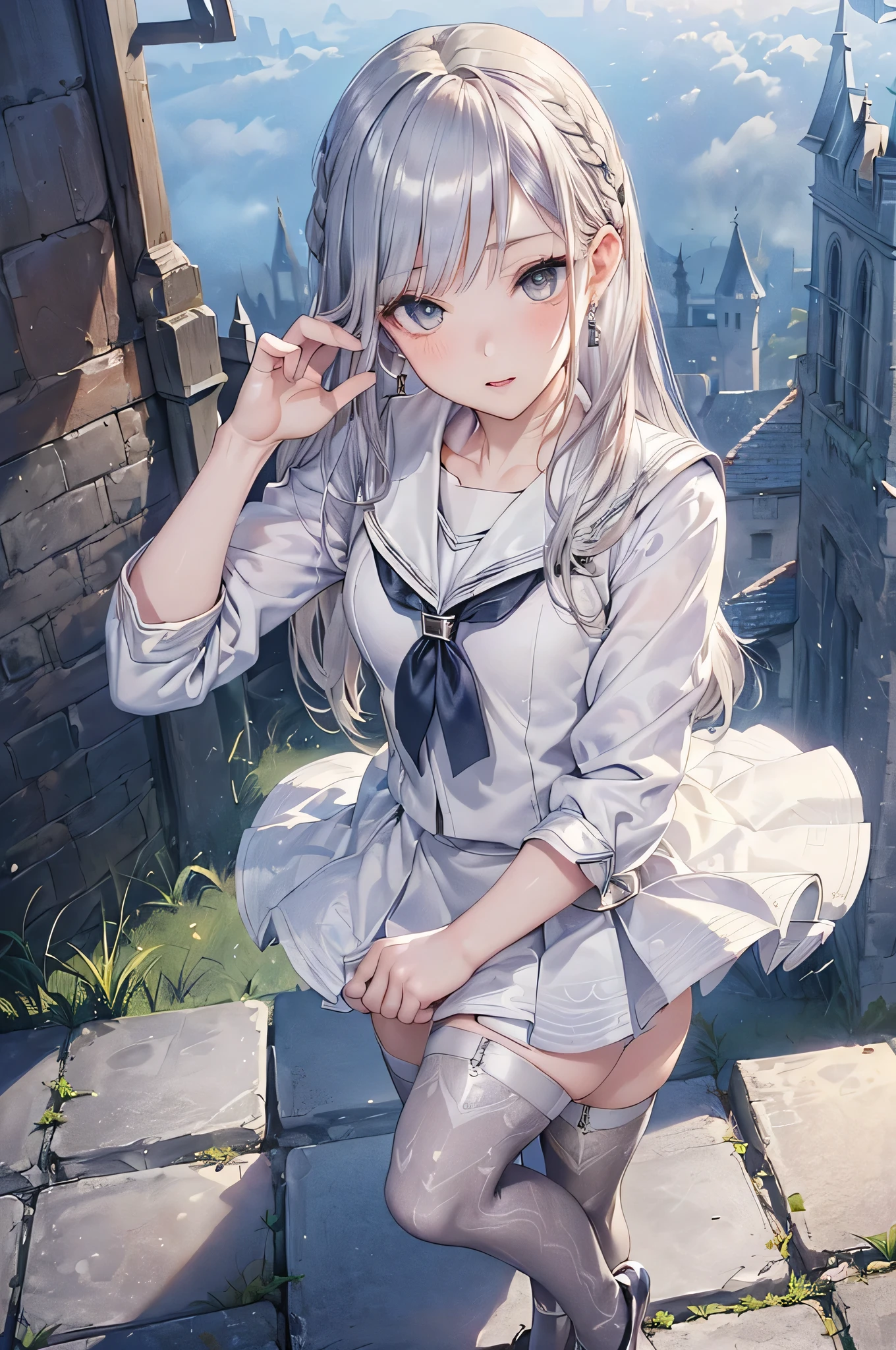 ((Biologically correct limb count))、(( From head to toe、Full-body photo including face))、4K、((Standing position))、masterpiece、((Focus on the face))、((Symmetrical facial features))、Eyes with detailed description、Beautiful woman、Great style、Beautiful arms、Beautiful legs、Beautiful Hands、(Small Ass、Thin thighs)、Facial detailing、Small earrings、necklace、(Sailor suit、mini skirt((High heels、Patterned stockings)))、((Standing in front of an old castle in the daytime sun, looking up))、Silk gloves、(((Silver Hair)))、(Thick fog)、Realistic photo