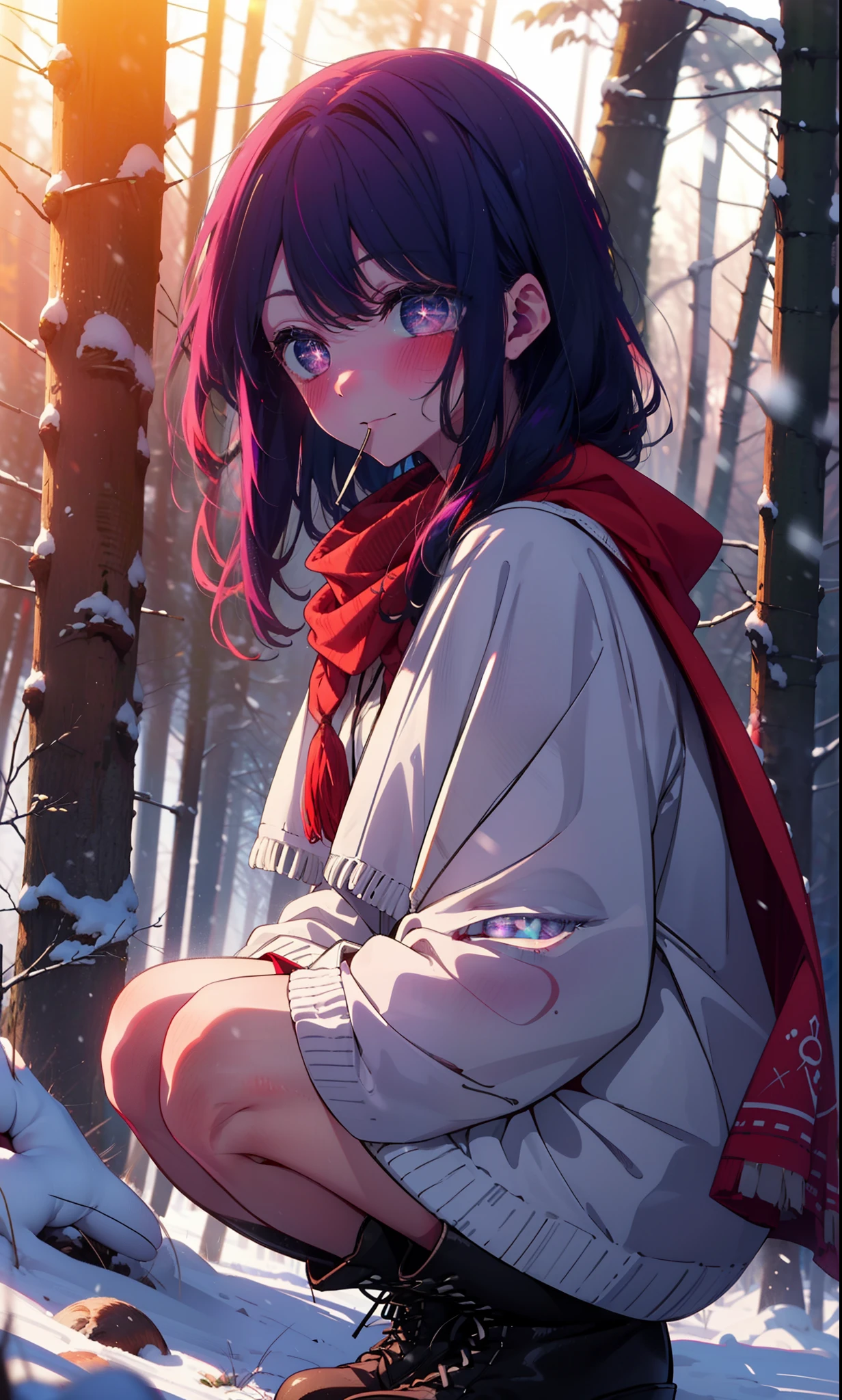 aihoshino, Ai Hoshino, Long Hair, bangs, (Purple eyes:1.1), Purple Hair, (Symbol-shaped pupil:1.5), smile,,smile,blush,White Breath,
Open your mouth,snow,Ground bonfire, Outdoor, boots, snowing, From the side, wood, suitcase, Cape, Blurred, , forest, White handbag, nature,  Squat, Mouth closed, Cape, winter, Written boundary depth, Black shoes, red Cape break looking at viewer, Upper Body, whole body, break Outdoor, forest, nature, break (masterpiece:1.2), Highest quality, High resolution, unity 8k wallpaper, (shape:0.8), (Beautiful and beautiful eyes:1.6), Highly detailed face, Perfect lighting, Highly detailed CG, (Perfect hands, Perfect Anatomy),