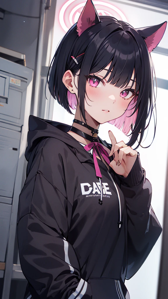 kazusa_bluearchive,1girl,solo,black hair,short hair,blunt bangs,pink eye,(cat ears),black hoodie,neck ribbon,slender,small breasts,masterpiece,Noise Reduction,perfect anatomy,high resolution, ultra-detailed,game cg,dutch angle ,beautiful detailed eyes,visualart,five fingers, perfect hands, perfect lighting,