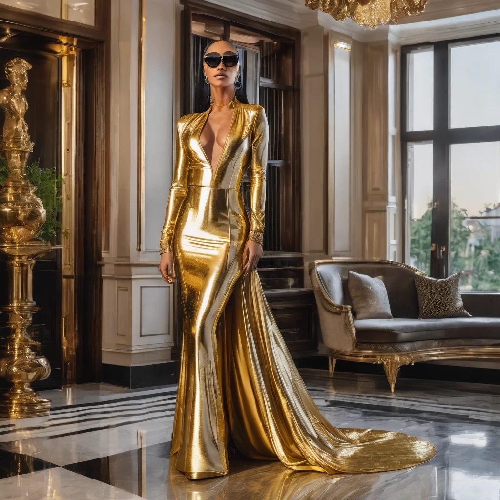 Muscular woman wearing a 24K gold floor-length evening gown with gold long evening gloves, gold designer glasses and golden pumps. She is inside her luxury mansion.
