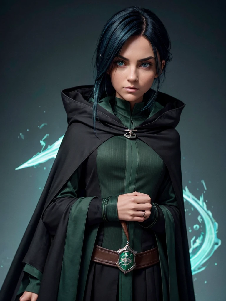 (best quality), 1girl, Female, tanned skin, black hair, blue tips, blue streaked hair, medium hair, asymmetric hairstyle, swoopy hair, blue eyes, perfect eyes, smug, slytherin hogwarts cloak, harry potter universe, slytherin, slender, small bust, masterpiece, anatomically correct, highres
