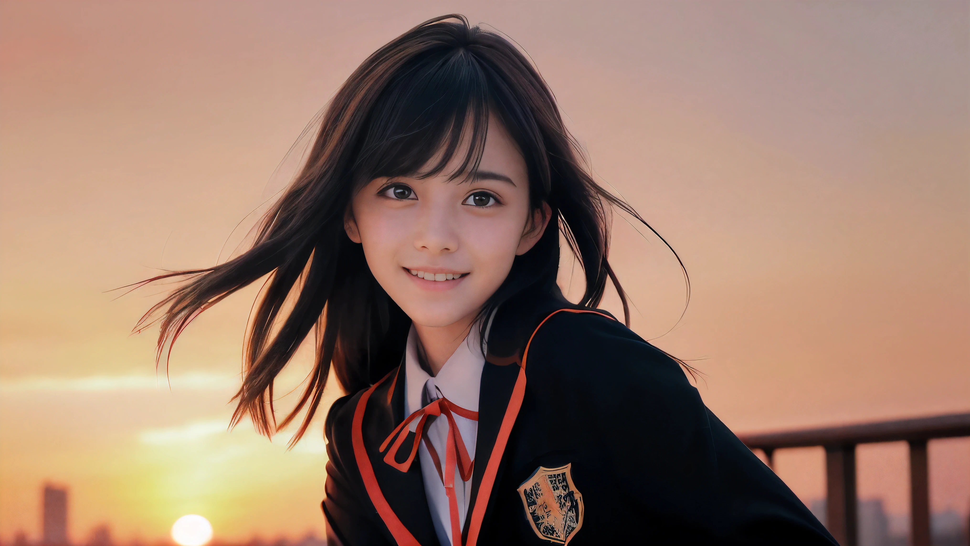 (Close up face shot of one slender small breasts two side up black medium hair bangs girl with crying little smile face in long sleeves black school uniform:1.5)、(One girl is turn around at sunset red sky with her face is reflected sunset light and her hair is blowing in long sleeves black school uniform:1.5)、(Beautiful red sunset sky at skyscraper city landscape:1.5)、(Natural lighting:1.5)、(8k ultra detailed master piece:1.5)、(perfect anatomy:1.5)、(Photorealistic stick:1.5)、(Raw photo:1.3)、(highest quality:1.5)、(High resolution:1.3)、(Delicate and beautiful perfect face:1.3)、(Delicate and beautiful eye air skin:1.3)、(Real Human Skin:1.3)、((thin legs))