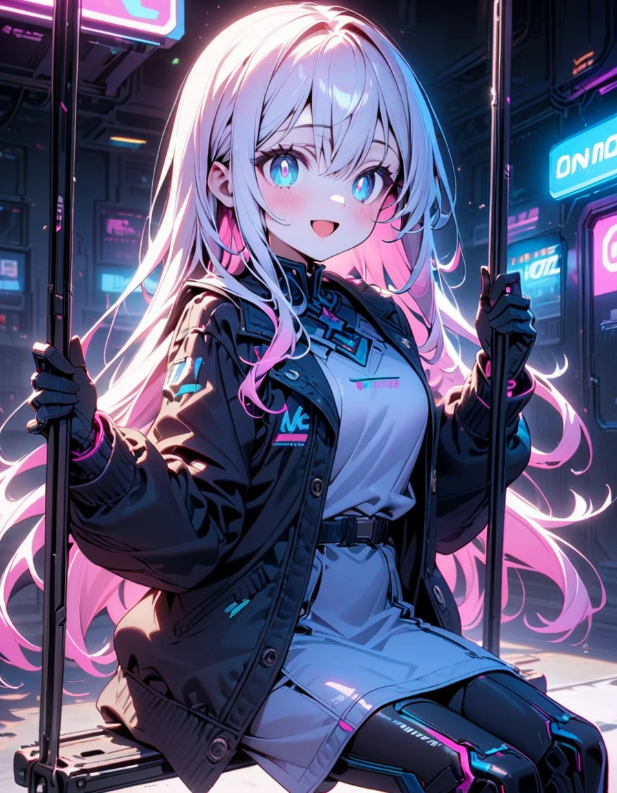 (8K, best quality, master piece: 1.2),super high resolution,(1 robogirl),solo,16yo,ultra-detailed face,detailed eyes,bright pupils,gradient hair(white hair, light pink hair) ,Straight hair,long hair,smile,open mouth,sitting on a swing blowing,ダッチアングル,neon lights,High-Tech Parks