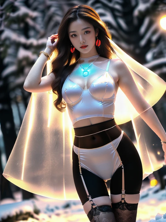 An Asian Chinese female model, (background：night), (background：Future City), (Wet clothes：1.5), (8K Ultra HD, Digital SLR Camera, Soft Light, high quality, Volumetric Lighting, frank, photo, high resolution, 4K, 8K, Bokeh), ((Create stunning images of real girls), warm light, Dynamic poses, Elegant Posture, Cowboy lens, Full body front view, From the front，Be confident, Front of the body facing the camera, Standing posture facing the camera, Open your legs slightly, Golden Ratio Graphics, Minimalism), (Show a charming smile, Willow Leaf Eyebrows, big eyes, Apricot eye prick, Cherry Blossom, Balanced Eyes, Oval face, Pretty Face, Normal facial features, Skin is transparent and visible, Thin skin and tender meat, cosmetic, earrings, bracelet, necklace, Jewelry, veil, Hair accessories), (Brown hair, Wavy curly hairstyle, Waist-length hair, Messy Hairstyle, Gradient hairstyles, Cyberpunk hairstyle), ((Transparent clothes：1.5), (Color of clothes:amaranth red), BDSM clothes, Mesh clothes, Transparent mesh one-piece swimsuit, Three-point bra with straps), (Sexy, Perfect breast shape, Teardrop-shaped chest shape, Snow-white breasts, very detailed breasts, 34E cup, Exposing the southern breast), (Super high waist clothes, Waist hollow,Camel toe, Levain), (Black socks, Sheer lace knee socks, 吊garter, Leg ring, garter, 腿部garter)