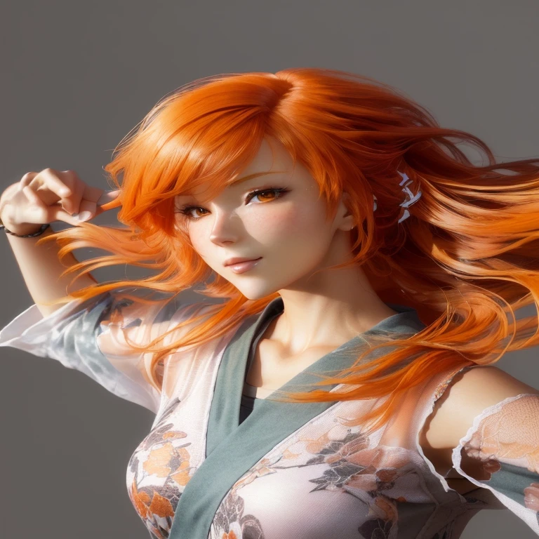 A woman with orange hair posing for a photo, Photorealistic Animation girl render, akihiko yoshida. Unreal Engine, 3D Anime Real, Orange flowing hair, art gelm ; 3d Unreal Engine, Smooth anime CG art, Realistic Anime 3D Style, Orange shiny hair, Anime-style 3D, Photorealistic Animation, Super Real Anime