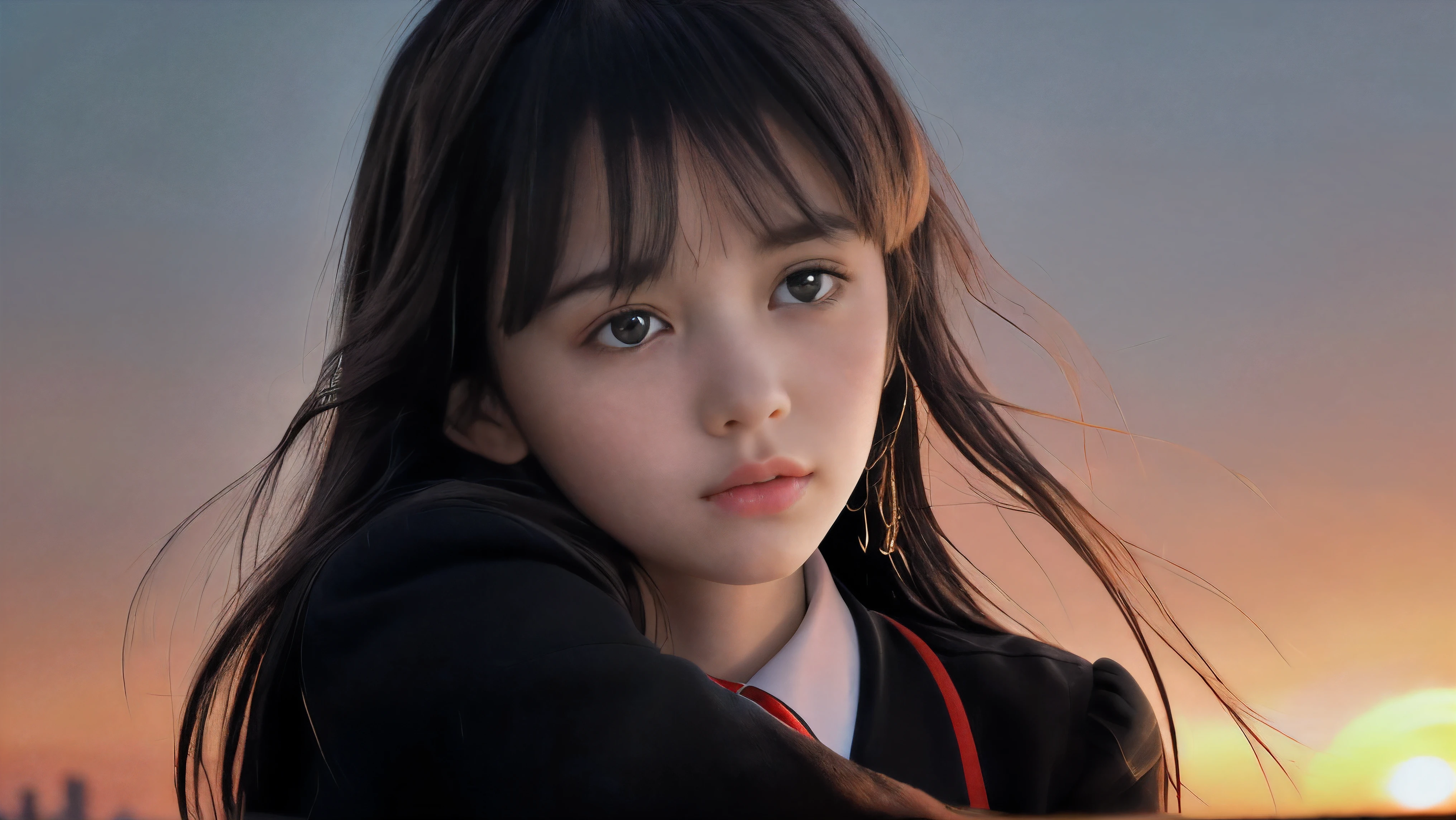 (Close up face shot of one slender small breasts two side up black medium hair bangs girl with crying face in long sleeves black school uniform:1.5)、(One girl is turn around at sunset red sky with her face is reflected sunset light and her hair is blowing in long sleeves black school uniform:1.5)、(Beautiful red sunset sky at skyscraper city landscape:1.5)、(8k ultra detailed master piece:1.5)、(Natural lighting:1.5)、(perfect anatomy:1.5)、(Photorealistic stick:1.5)、(Raw photo:1.3)、(highest quality:1.5)、(High resolution:1.3)、(Delicate and beautiful perfect face:1.3)、(Delicate and beautiful eye air skin:1.3)、(Real Human Skin:1.3)、((thin legs))