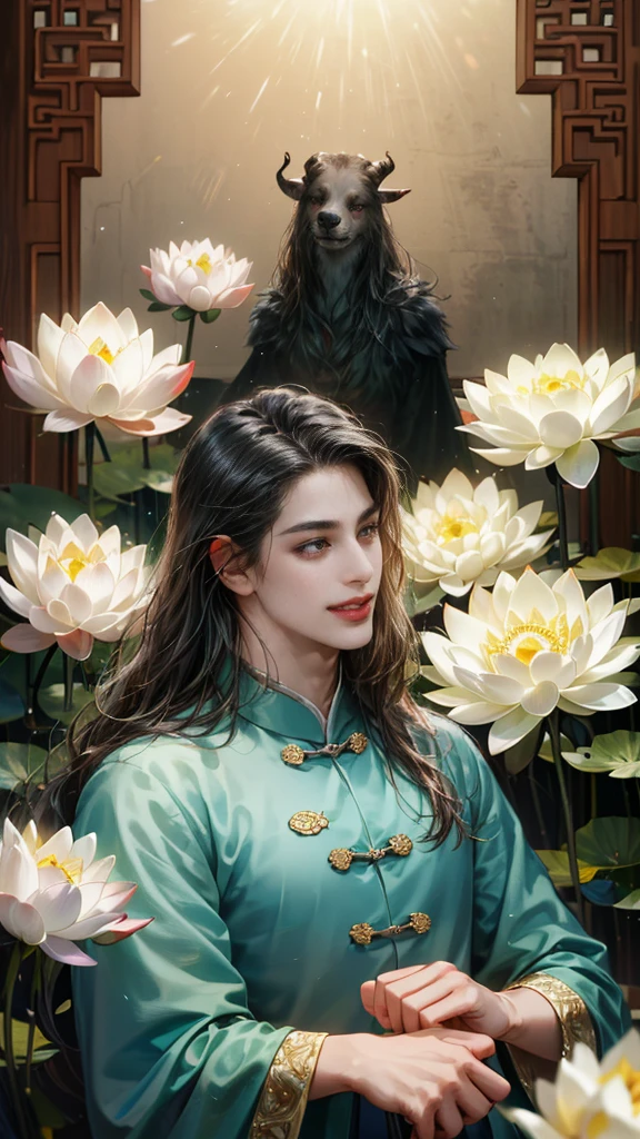(((best quality))),masterpiece,ultra high resolution,extraordinarily beautiful youth, a bright, innocent smile,All green clothing,(absurdres, highres, ultra detailed, HDR), masterpiece, best quality, (1 boy) , maleficent movie, boy character ,((Thick black long hair)),beautiful face,detailed interior, detailed character,((man)),(lotus Flowers), black hair,he smile,(white lotus),The Scum Villain's Self-Saving System,1man,the house of ancient China , pure white lotus,beautiful and cute man ,(long black hair),black eyes,((solo man)),(he has a Big eyes, charming lips, slim nose and small face),(slim figures and no muscle),fragile body,Beautiful slender hands