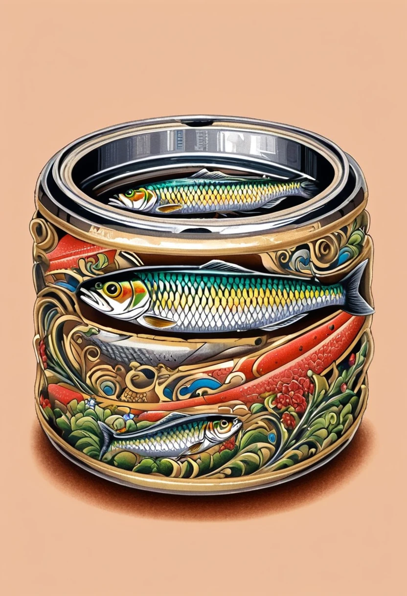 Flat rull ring can with sardines, japanese style tattoo, contemporary style, ((detailed and expressive ), fine art style, lots of fine lines and full colour shading style, muted colours, full background with detailed line art