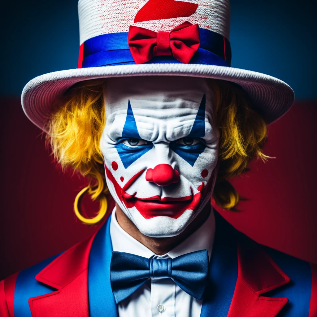 Light pink around the eyes,映画Jokerのような,hair is yellow,Hats come in three colors,Realな人間,Illustration is different,clown,Joker,Face white,Cross painted on eyes,Yellow hair,Three-color hat,whole body,4K,high resolution,uncle,Real,Real Humans,Man in his 40s,The hat is white, blue and red,Star-patterned clothing,White gloves,Big red paint on mouth,The hat is white, red and blue,whole bodyは青と赤と白,bow tie is red,The hat is white with red and blue stripes.,Scary face,Angry,Vertical stripes,