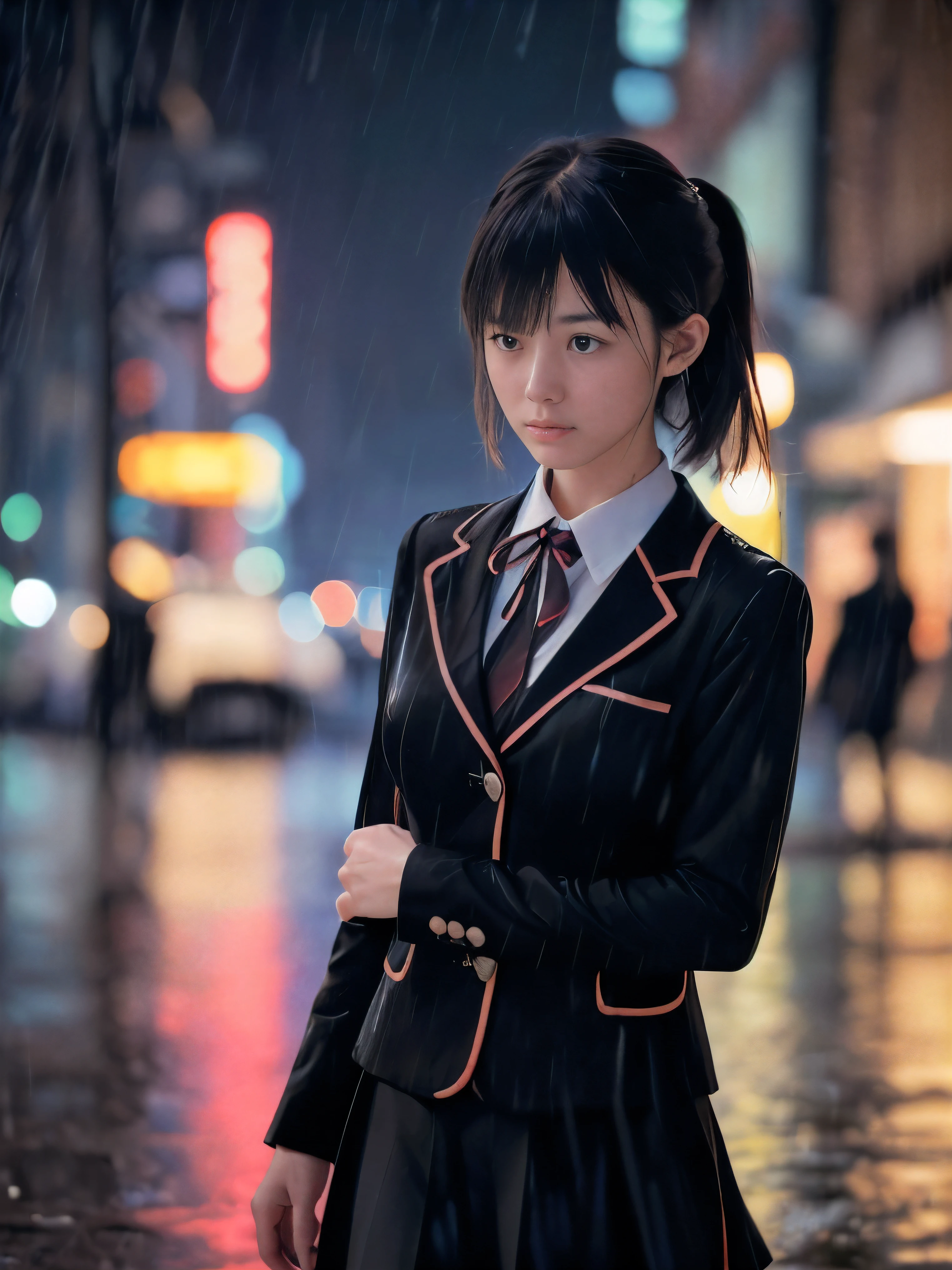 (Super close up face shot of one slender small breasts two side up black medium hair bangs girl in long sleeves black school uniform:1.5)、(One girl is walking with crying face on the main street in the rain at midnight:1.5)、(At skyscraper city landscape in heavy rain midnight:1.5)、(blurred background:1.5)、(8k ultra detailed master piece:1.5)、(Natural lighting:1.5)、(perfect anatomy:1.5)、(Photorealistic stick:1.5)、(Raw photo:1.3)、(highest quality:1.5)、(High resolution:1.3)、(Delicate and beautiful perfect face:1.3)、(Delicate and beautiful eye air skin:1.3)、(Real Human Skin:1.3)、((thin legs))