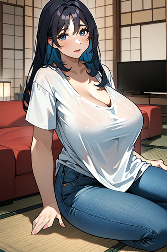 1women,japanese,living room,huge breasts,looking viewer,t-shirts,long sleeves,jeans