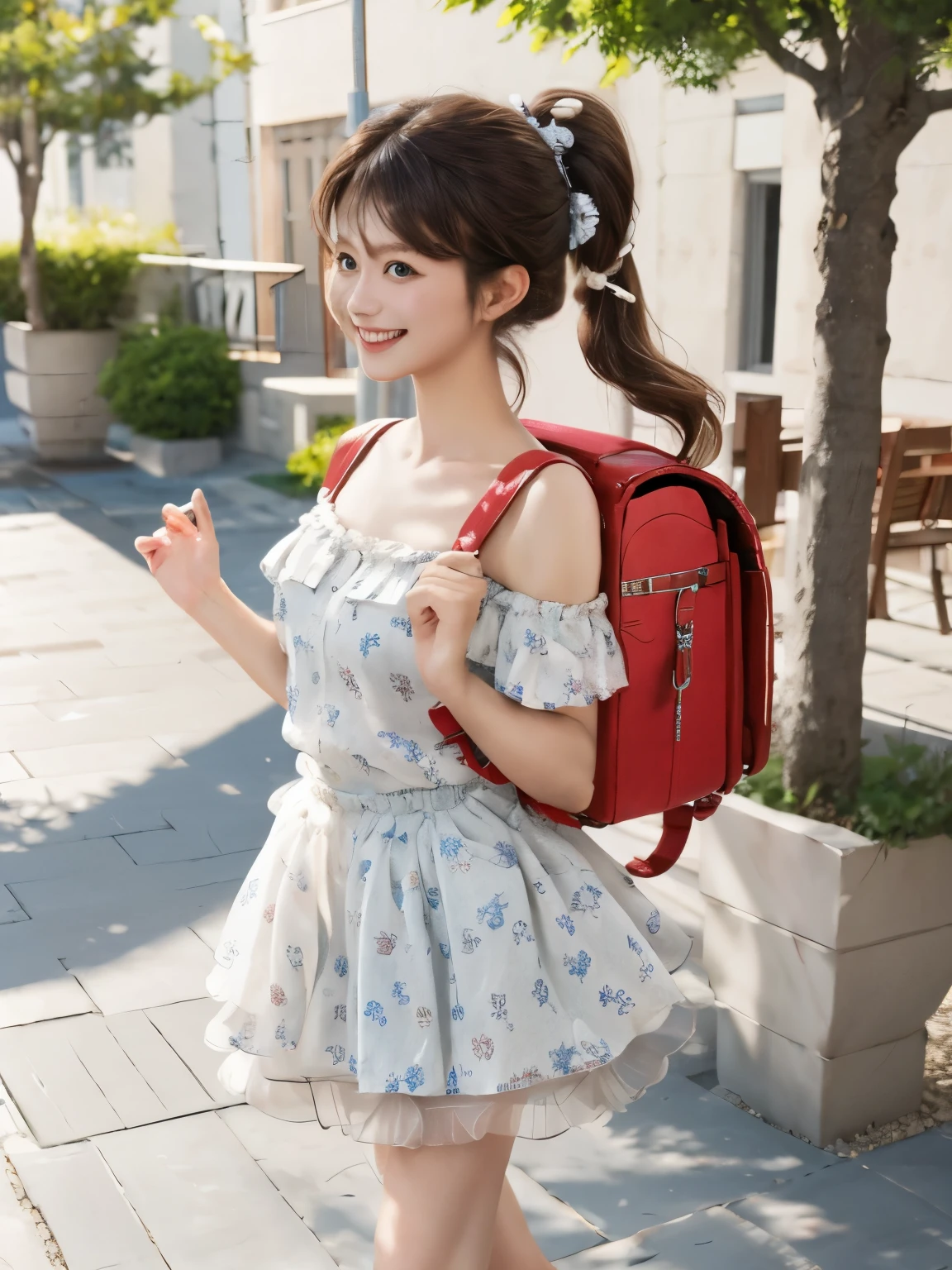 masterpiece, realistic, best quality, highres, 1girl, long hair, one side up, solo, ponytail,brown hair, blue eyes, bare shoulders, pink shirt, floral print, short sleeves, off-shoulder shirt, frills, blue skirt, cowboy shot, smile,standing, fullbody, wear high heels, wearing randoseru backpack, (randoseru backpack:1.2), outdoor, day