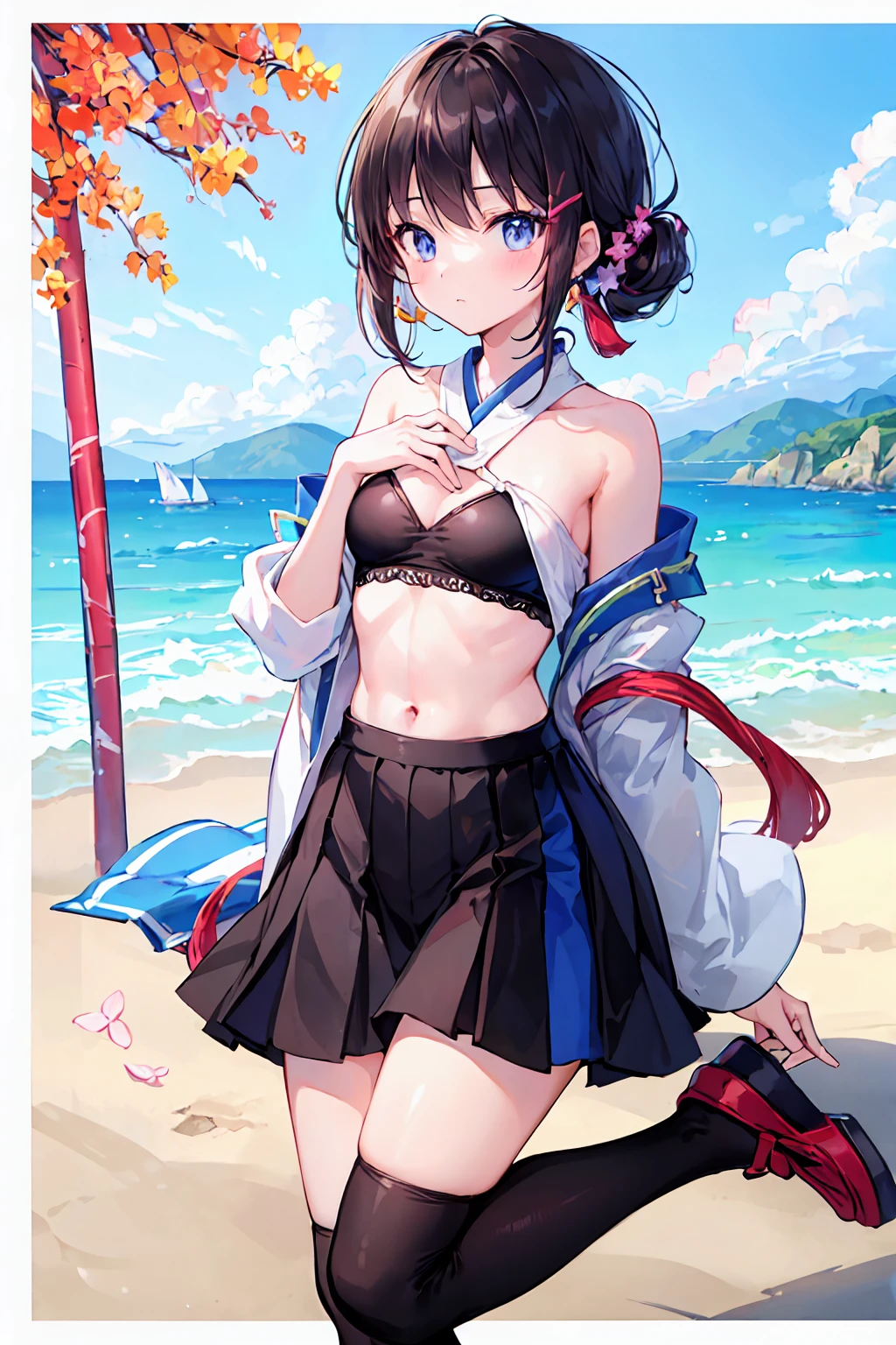 ((Highest quality, 8K, masterpiece: 1.3)), One girl, Cute Japanese woman highlighting her slim abs: 1.3, (Random hairstyle, Standard chest: 1.2), uniform: 1.2, 1 Boy, Cute Japanese girl who emphasizes her slim abs: 1.4, (Random hairstyle, Standard chest: 1.2), uniform: 1.2, Beach, Highly detailed face, Fine grain, double eyelid,Black Hair,Small breasts