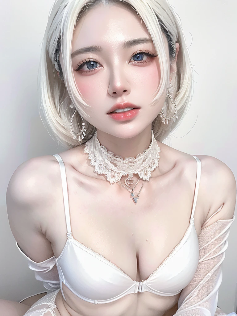 White Background、Professional Lighting、(((Professional Lighting 1.5)))、Translucent skin texture、Beautiful Skin、Beautiful Skin、、(((Whitening 1.5)))、、、音符のEcstasy、((Nude 1.5))、、Mid-shot photo、Simple earrings and necklace、((white hair))、Tie your hair up、sex appeal、Sex Appeal、Ecstasy、(((Naked and covering her breasts with her hands))、