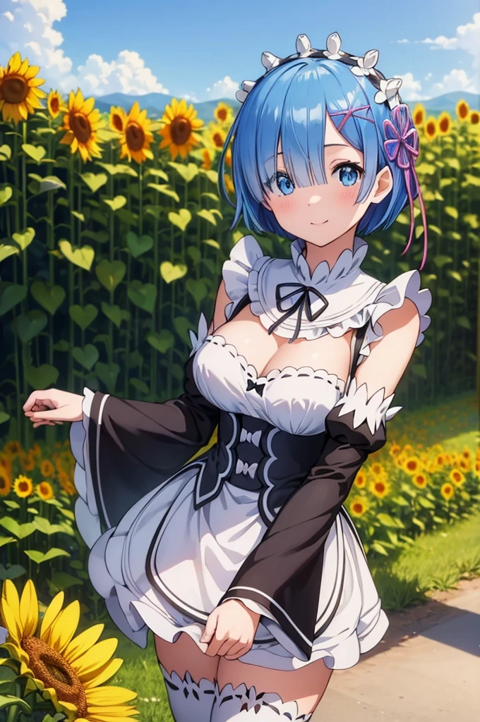 (masterpiece:1.3), (best quality:1.1), (8k, ultra detailed, ultra high res:1.2), ((anime style)), perfect 5 fingers, perfect anatomy, 
1girl, 
Rem \(re:zero\),
short hair, 
blue hair, 
(blue eyes:1.2), (beatiful detailed eyes:1.2), 
maid headdress,  ribbon, x hair ornament, 
large breasts, 
maid uniform, detached black sleeves, white tights, cold Shoulder, 
smile, 
looking at viewer, 
cowboy shot, 
perfect light, outdoor, outside, Sunflower field, sky, 