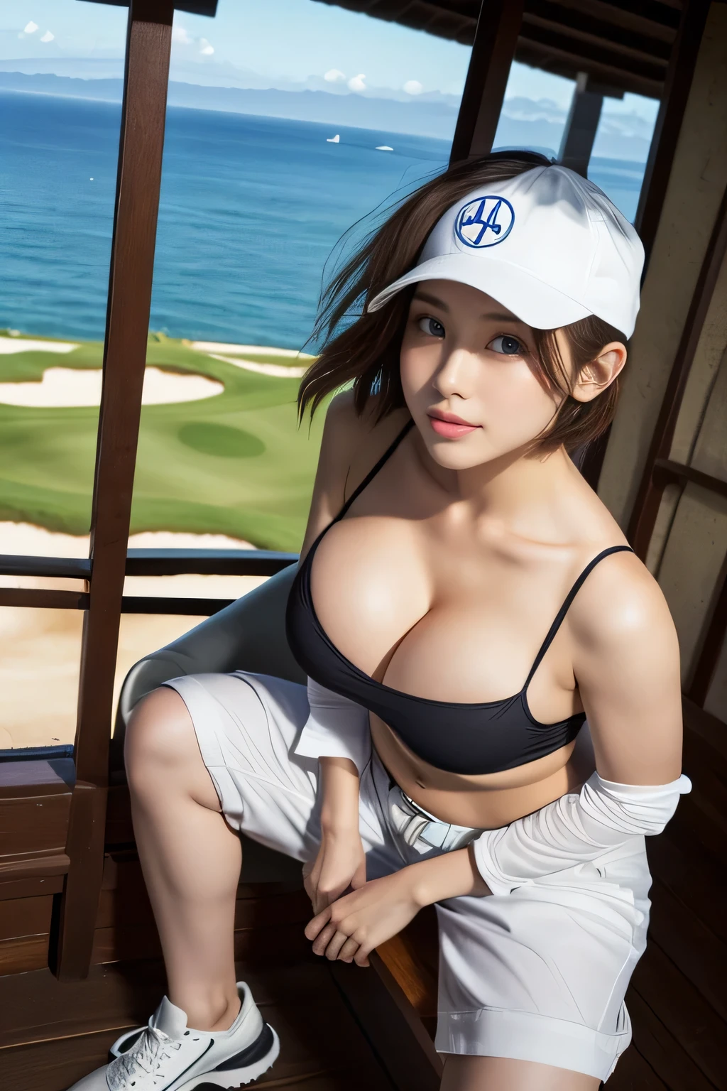 masterpiece、Highest quality、White people、Beautiful golfer、Hawaii、Sea view golf course、bikini tank top、Big Breasts、Usage、Glamour、22 years old、shoes、Shorts with a shallow crotch、belt、Realistic body、Flat stomach、(bionde、very short Hair、ponytail、Golf Cap)、Oval Face、Square chin、Beautiful semicircular eyes、Clear blue eyes、Narrow-mouthed、Thick open lips、A light smile、((stand))、Low angle cowboy shot,(Big Breasts:1.4)