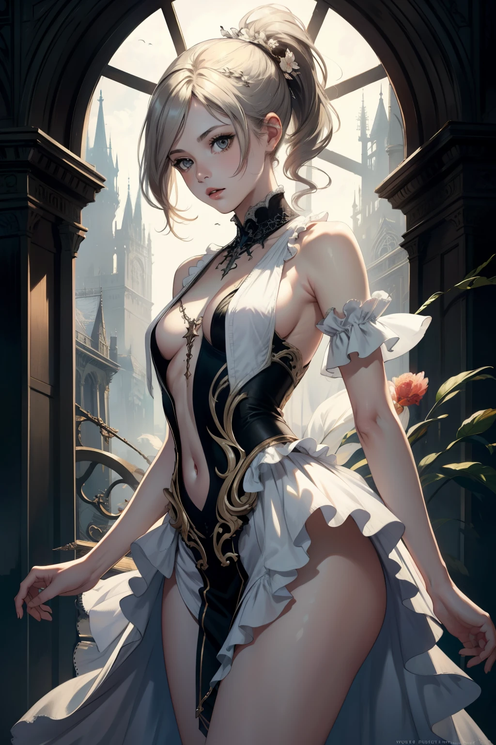 ((best quality)), ((masterpiece)), (detailed), 1girl, NSFW, small breasts, prominent collarbones, skinny arms, flat stomach, visible hip bones, long hair, various hair colours, ponytail, thick ponytail, heavy ponytail, red and white clothing, Bloodborne inspired, occult aesthetic, occult, detailed and intricate steampunk and detailed gothic, Fluttering lace flared dress with frilly petticoats, pleated petticoats