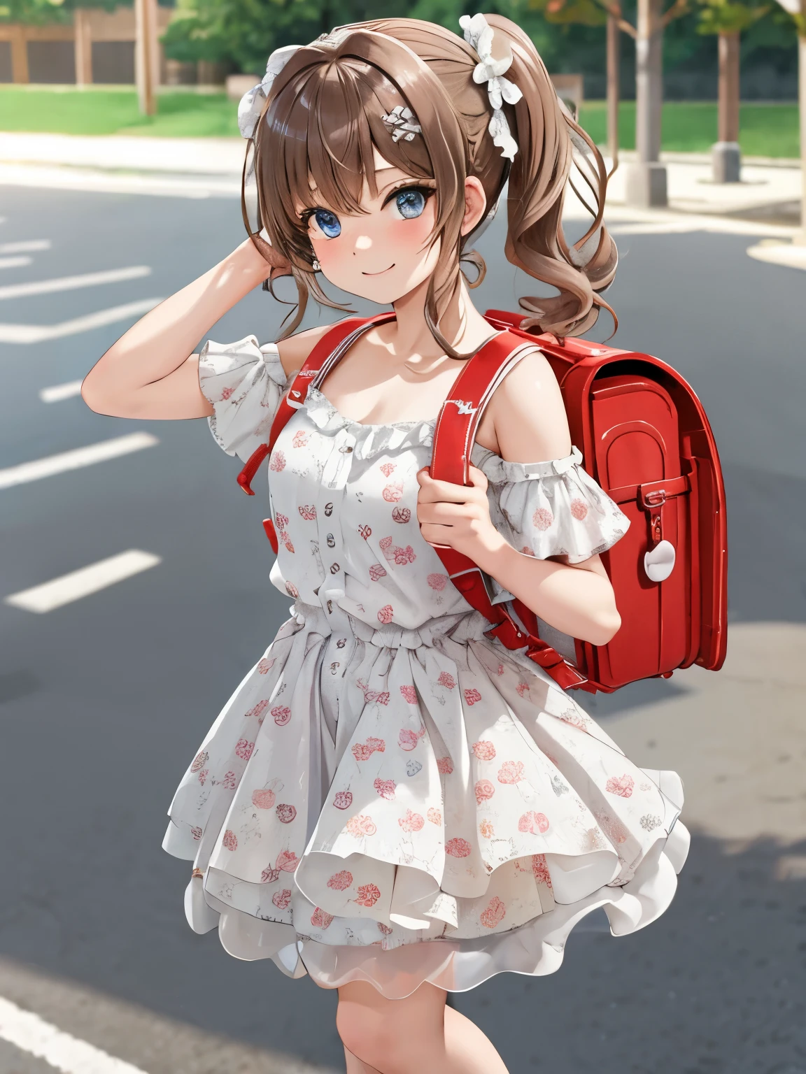 masterpiece, best quality, highres, 1girl, long hair, one side up, solo, ponytail,brown hair, blue eyes, bare shoulders, pink shirt, floral print, short sleeves, off-shoulder shirt, frills, blue skirt, cowboy shot, smile,standing, fullbody,(fullbody :1.1), wear high heels, wearing randoseru backpack, (randoseru backpack:1.2), outdoor, day