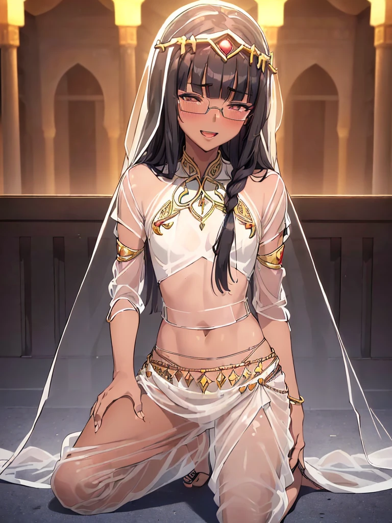 (1 feminine boy 20 years old solo:1.4),(flat chest),(dark skin:1.5), (masterpiece:1.2), highest quality, High resolution, unity 8k wallpaper, ( (perfect hands, perfect anatomy), 20 years old, (black hair:1.3), detailed eyes, best quality, extremely detailed, very precise detailed, (glasses:1.4), (blunt bangs:1.3), (open mouth:1.2), (middle hair:1.5), (evil smile:1.4), , (half closed eyes:1.3) ,long sidelocks, (blush:1.3),(kneeling:1.3),(Put left knee in front:1.5),(arabian clothes:1.5),,(See-through harem pants:1.6),(See-through white veil:1.3),