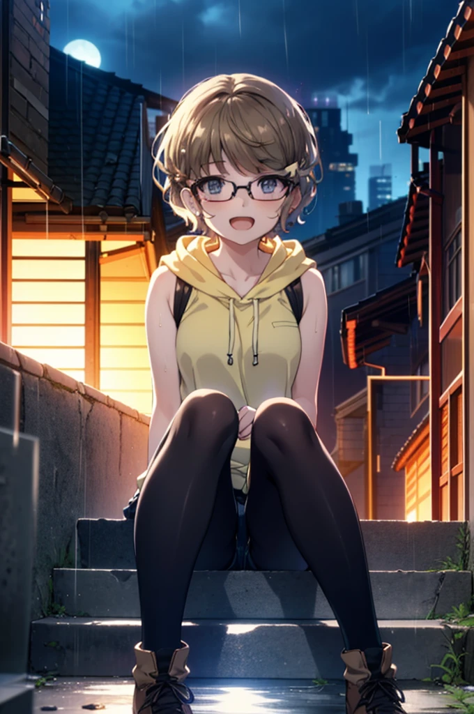 tomoekoga, Chie Koga, short hair, Brown Hair, blue eyes, Hair clip happy smile, smile, Open your mouth,Sleeveless hoodie,Black-rimmed glasses shorts,black tights,short boots,night,Hiding in a roofed building,Sitting on the steps of a roofed building,night,rain,So that the whole body goes into the illustration,
Break indoors, Alley,
壊す looking at viewer, Systemic
break (masterpiece:1.2), Highest quality, High resolution, unity 8k wallpaper, (figure:0.8), (Beautiful attention to detail:1.6), Highly detailed face, Perfect lighting, Highly detailed CG, (Perfect hands, Perfect Anatomy),