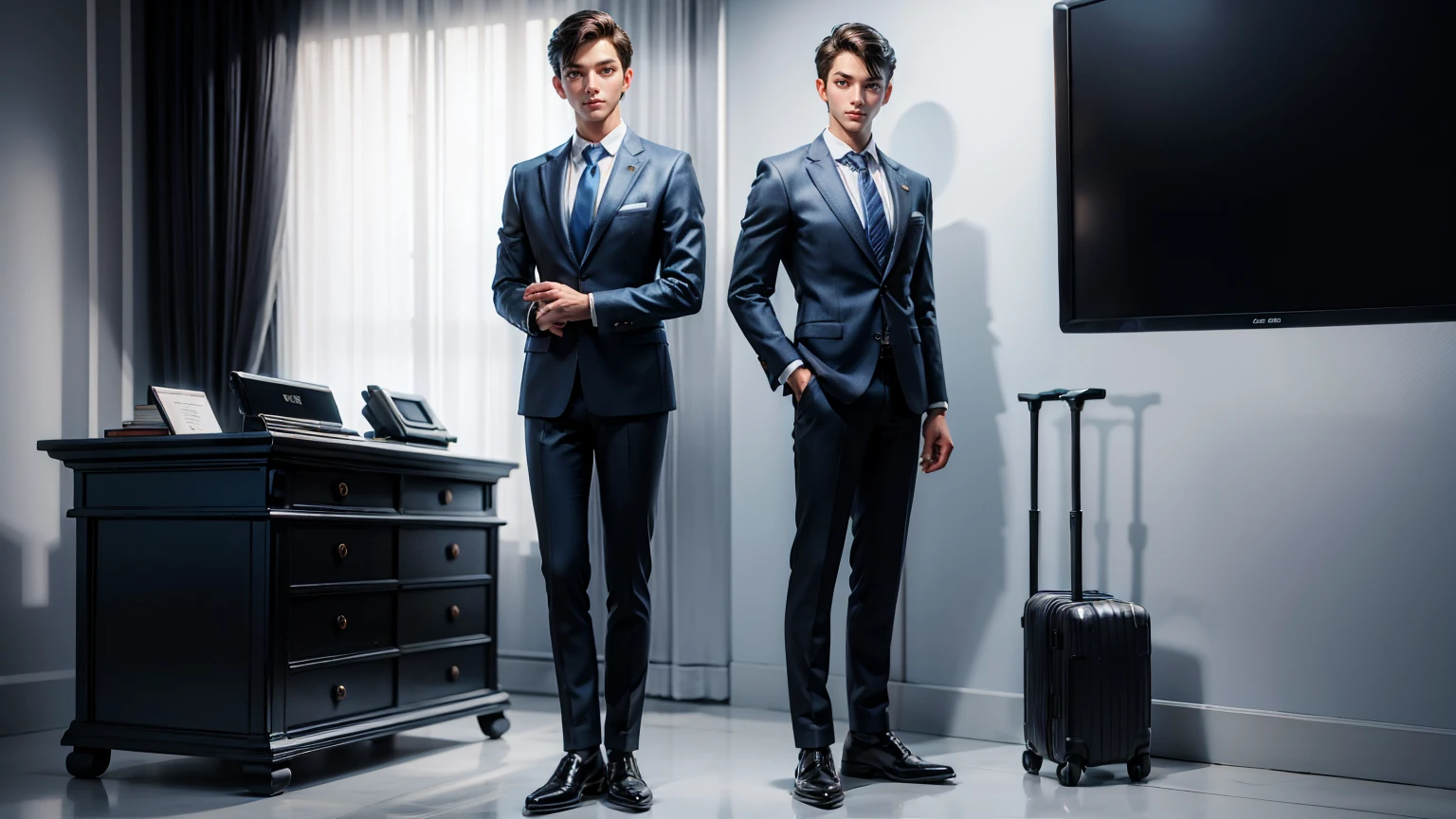 full body, straight standing pose, a young man, handsome, businessman blue suit, entrepreneur man, simple plane white background,