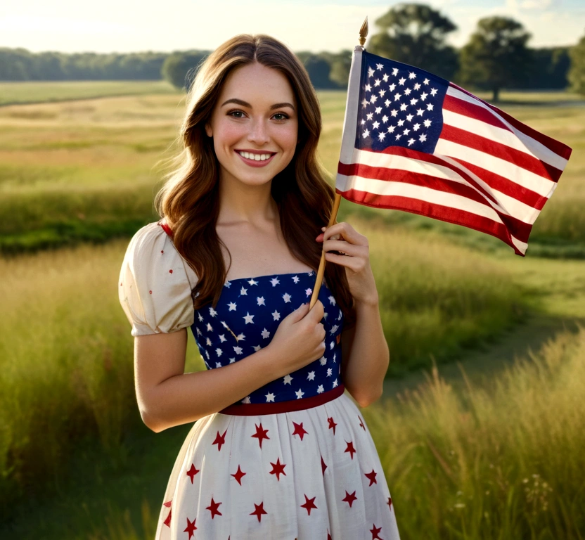 Photorealistic portrait of a beautiful American woman aged 25-30 years old, with long brown hair, smiling and wearing a red, white, and blue American flag dress, standing outdoors on a grass field on a sunny day holding a small American flag in her right hand, Independence day, Fourth of July celebration, Art by Vermeer, Art by Rembrandt, 35mm portrait lens, sharp focus, bright exposure, 4K resolution, detailed features.