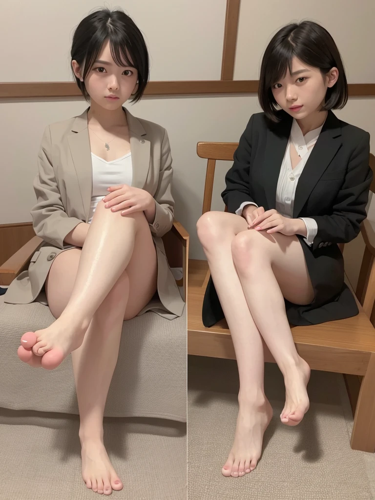 Realistic, Realistic, Like the picture, Realistic, 8K, High resolution, Perfect Face,Proper body balance, Ultra-high quality output images, High resolution, Intricate details, Very delicate and beautiful, Very detailed, Caustics, , Japanese, Amazingly cute, (masterpiece:1.2, Highest quality), ((barefoot)), Depiction of the correct foot, How to draw toes correctly, How to paint nails correctly, Emphasize the legs, Sitting, Japanese-style room, short hair, Black Hair, blush, Japanese , blazer, Sitting cross-legged