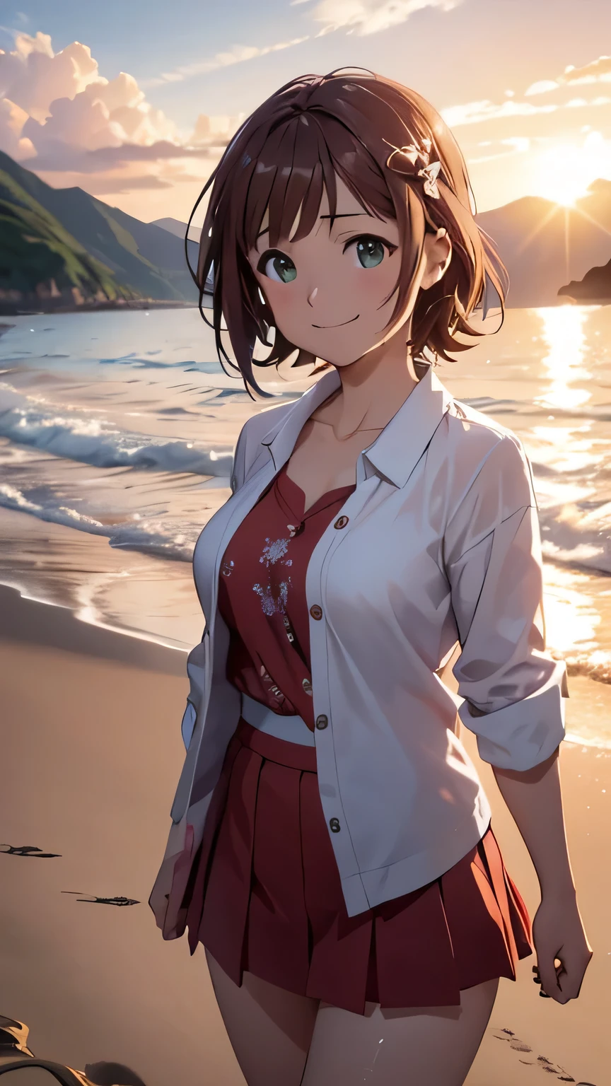 CG, Unity, 8K, wallpaper, Highest quality, masterpiece, Amami Haruka, (smile: 1.2), Showa era crew cut hairstyle, Standing on the shore, A white shirt that reveals a little bit of your chest, Short skirt, barefoot, Thighs, Large Breasts, Sweat, Sunset, Best lighting, Complex pupil, Intricate weaving, Detailed Background, Japan, Sandy Beach,