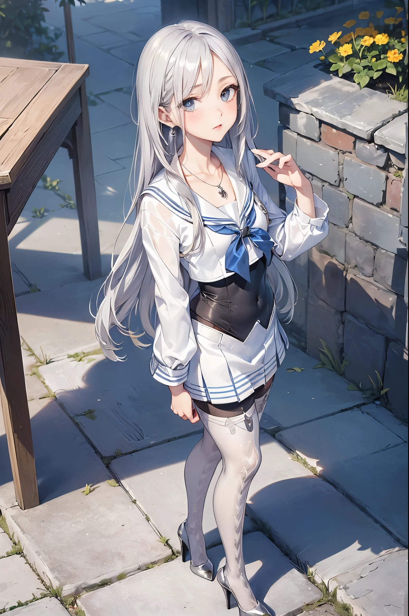 ((Biologically correct limb count)),(( From head to toe,Full-body photo including face)),4K,((Standing position)),masterpiece,((Focus on the face)),((Symmetrical facial features)),Eyes with detailed description,Beautiful woman,Great style,Beautiful arms,Beautiful legs,Beautiful Hands,(Small Ass,Thin thighs),Facial detailing,Small earrings,necklace,(Sailor suit,mini skirt((High heels,Patterned stockings))),((Standing in front of an old castle in the daytime sun, looking up)),Silk gloves,(((Silver Hair))),(Thick fog),Realistic photo