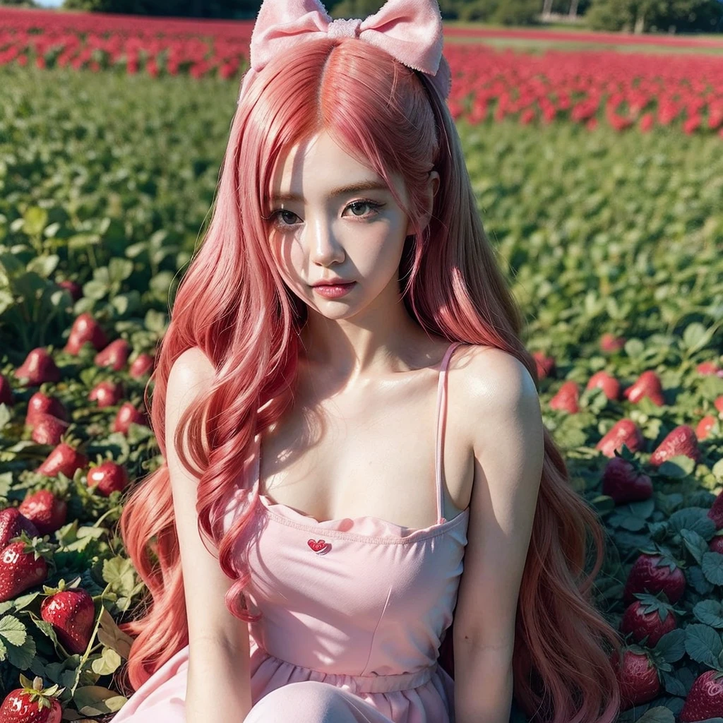 
araffe girl with pink hair sitting in a field of strawberries, belle delphine, red wig, anime girl cosplay, anime barbie doll, anime girl in real life, fairycore, beautiful anime style, curly pink hair, long flowing pink hair, pink and red color style, kawaii hair style, anime cosplay, beautiful pink little alien girl, with curly red hair Green eyes wearing a cute hair bow