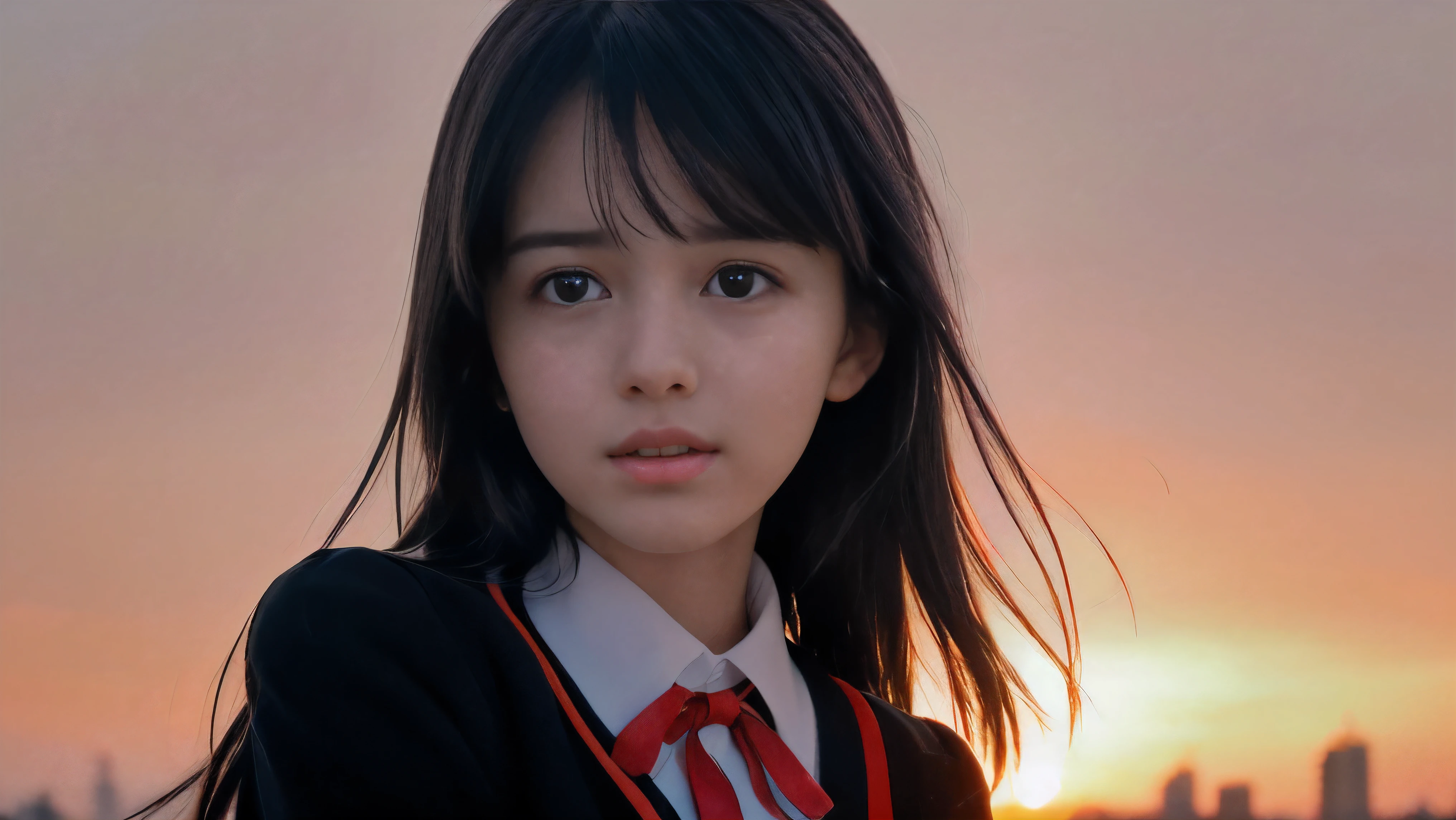 (Close up face shot of one slender small breasts two side up black medium hair bangs girl with little smile and crying with tears in long sleeves black school uniform:1.5)、(One girl is facedown at sunset red sky with her face is reflected sunset light and her hair is blowing in long sleeves black school uniform:1.5)、(Beautiful red sunset sky at skyscraper city landscape:1.5)、(8k ultra detailed master piece:1.5)、(Natural lighting:1.5)、(perfect anatomy:1.5)、(Photorealistic stick:1.5)、(Raw photo:1.3)、(highest quality:1.5)、(High resolution:1.3)、(Delicate and beautiful perfect face:1.3)、(Delicate and beautiful eye air skin:1.3)、(Real Human Skin:1.3)、((thin legs))