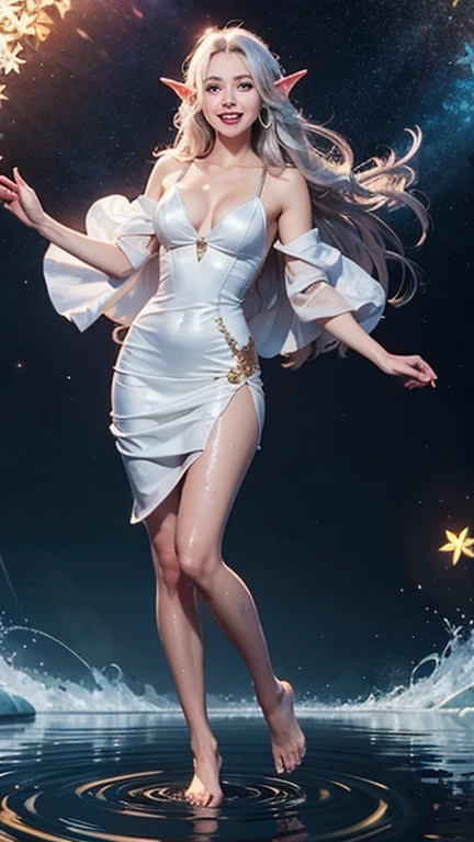 ((best quality)), ((masterpiece)), (detailed), 1girl elvish, jk, full body，wet，white skin，golden eyes, happy and smiling, Long hair loose in the wind, silver hair，medium breasts, kaleidoscope background image with soft colors, pink tones，8k，Need，masterpiece.