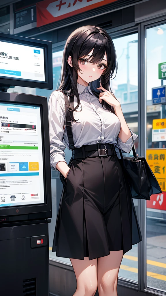 Use cashless payment to pay for your purchases at convenience stores、Businesswoman wearing a smartwatch。Surreal woman,Real life anime girls,Beautiful girls,Black Hair
