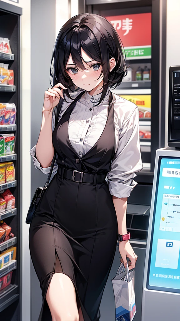 Use cashless payment to pay for your purchases at convenience stores、Businesswoman wearing a smartwatch。Surreal woman,Real life anime girls,Beautiful girls,Black Hair