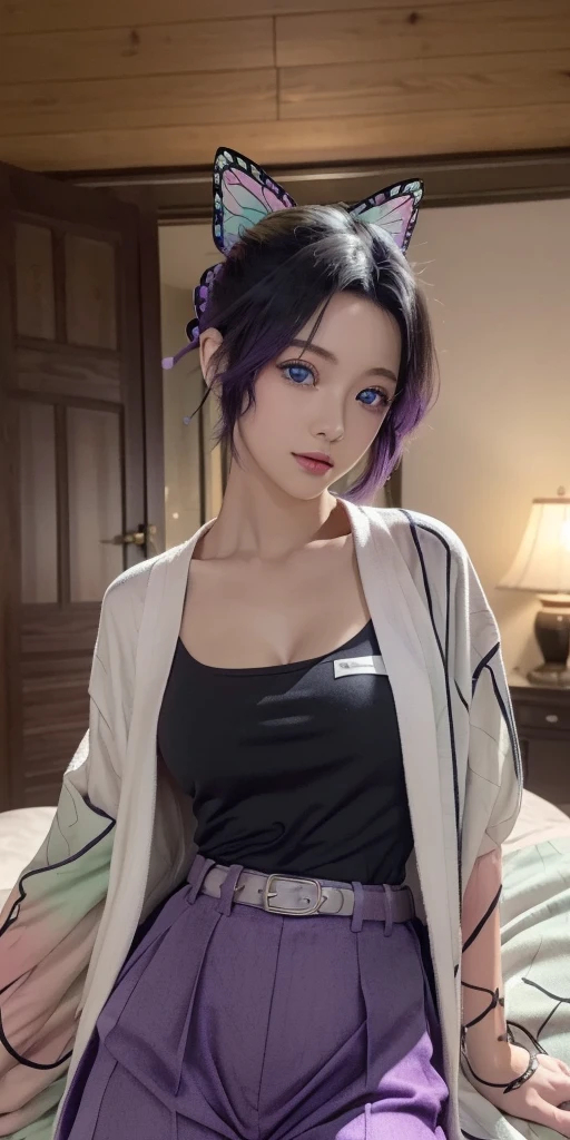(masterpiece:1.2), best quality, high resolution, unity 8k wallpaper, (illustration:0.8), (beautiful detailed eyes:1.6), extremely detailed face, perfect lighting, extremely detailed CG, (perfect hands, perfect anatomy), shinobukochou, shinobu kochou, animal print, black hair, butterfly, butterfly hair ornament, butterfly print, forehead, gradient hair, hair ornament, haori, multicolored hair, parted bangs, purple hair, short hair, two-tone hair, black pants, butterfly print, coat, purple tanktop, haori, short pants, looking at viewer, cleavage,