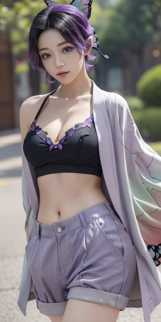 (masterpiece:1.2), best quality, high resolution, unity 8k wallpaper, (illustration:0.8), (beautiful detailed eyes:1.6), extremely detailed face, perfect lighting, extremely detailed CG, (perfect hands, perfect ???????), shinobukochou, shinobu kochou, animal print, black hair, butterfly, butterfly hair ornament, butterfly print, forehead, gradient hair, hair ornament, haori, multicolored hair, parted bangs, purple hair, short hair, two-tone hair, black pants, butterfly print, coat, purple tanktop, haori, short pants, looking at viewer, cleavage,