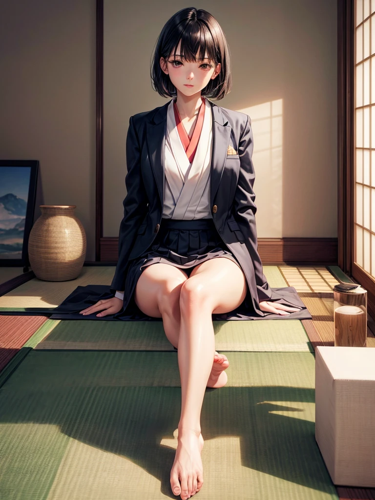 Realistic, Realistic, Like the picture, Realistic, 8K, High resolution, Perfect Face,Proper body balance, Ultra-high quality output images, High resolution, Intricate details, Very delicate and beautiful, Very detailed, Caustics, , Japanese, Amazingly cute, (masterpiece:1.2, Highest quality), ((barefoot)), Depiction of the correct foot, How to draw toes correctly, How to paint nails correctly, Emphasize the legs, Sitting, Japanese-style room, short hair, Black Hair, blush, Japanese , blazer, Sitting cross-legged