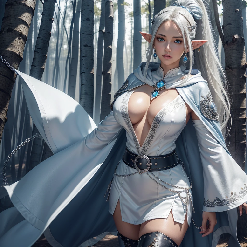 (Full body image, realistic 3d anime style), (of a beautiful light-skinned brunette woman), long white hair, (ponytail style)( (perfect beauty)) ((detailed face)), ((symmetrical face)), ((detailed blue eyes )), (pointed elven ears) (silver earrings in the ears decorated with a small blue diamond), (beautiful lips), ((perfect body)),(( voluptuous body)), ((large breasts)) on the chest a silver chain of the that hangs a circular medallion, decorated with a blue diamond in the center, (narrow waist) (thick thighs), white dress with a qipao collar with a short skirt, long sleeves, low-cut in the center (letting you see the upper part of the breasts), ( white hooded cape, tied in front with two circular brooches attached to a silver chain), (leather belt with a metal loop decorated with intricate details), (wears a short sword on the belt), black leather gloves with cuffs, black leather ankle boots with flap, walking through a beautiful birch forest, on a sunny day. HD resolution, 8k, volumetric light, masterpiece, high quality,